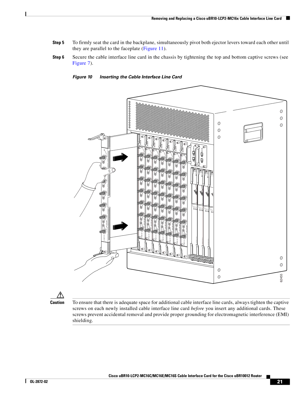 Cisco Systems uBR10-LCP2-MC16E, uBR10-LCP2-MC16S, uBR10-LCP2-MC16C Inserting the Cable Interface Line Card 