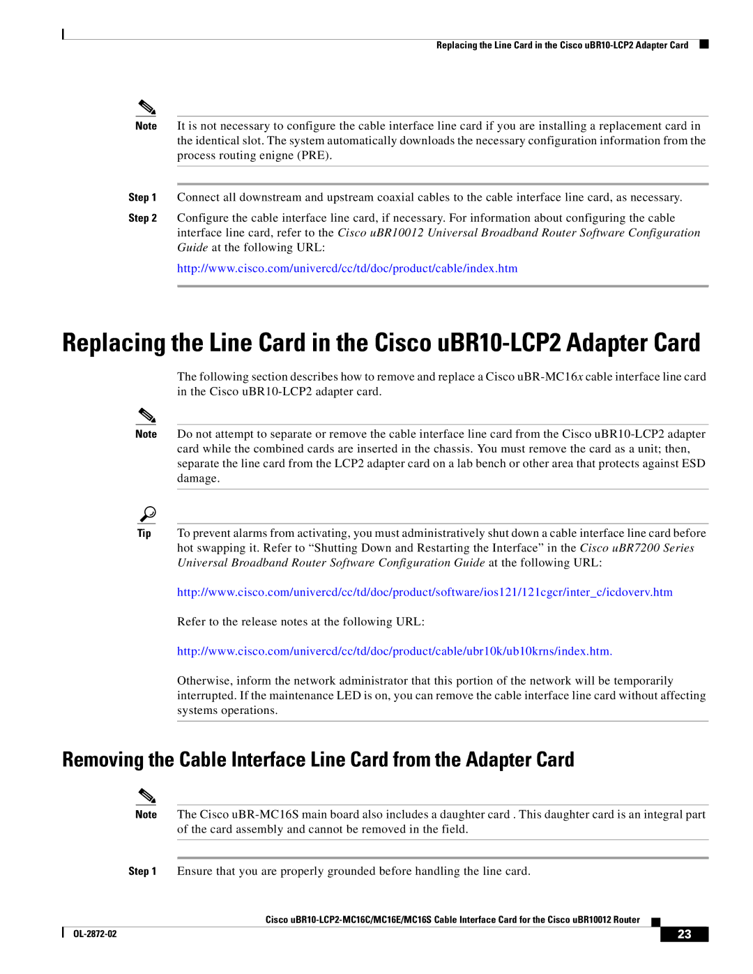 Cisco Systems uBR10-LCP2-MC16S, uBR10-LCP2-MC16E Replacing the Line Card in the Cisco uBR10-LCP2 Adapter Card 