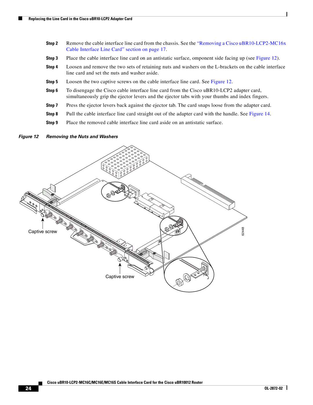 Cisco Systems uBR10-LCP2-MC16C, uBR10-LCP2-MC16E, uBR10-LCP2-MC16S Removing the Nuts and Washers 