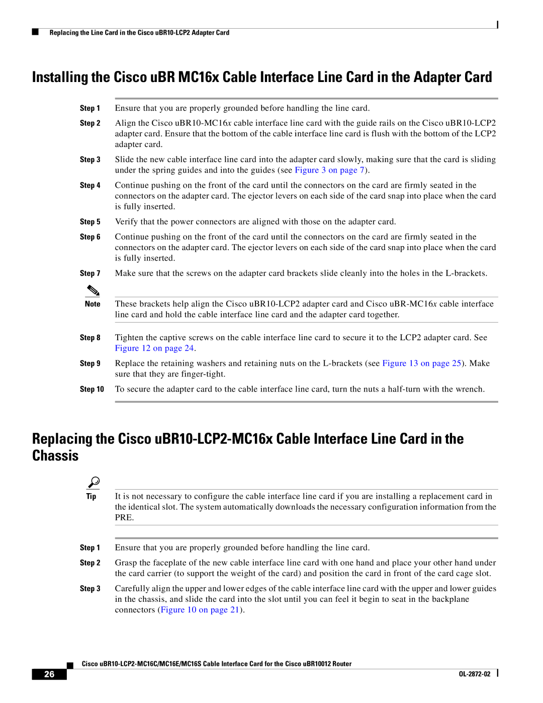 Cisco Systems uBR10-LCP2-MC16E, uBR10-LCP2-MC16S Replacing the Line Card in the Cisco uBR10-LCP2 Adapter Card 