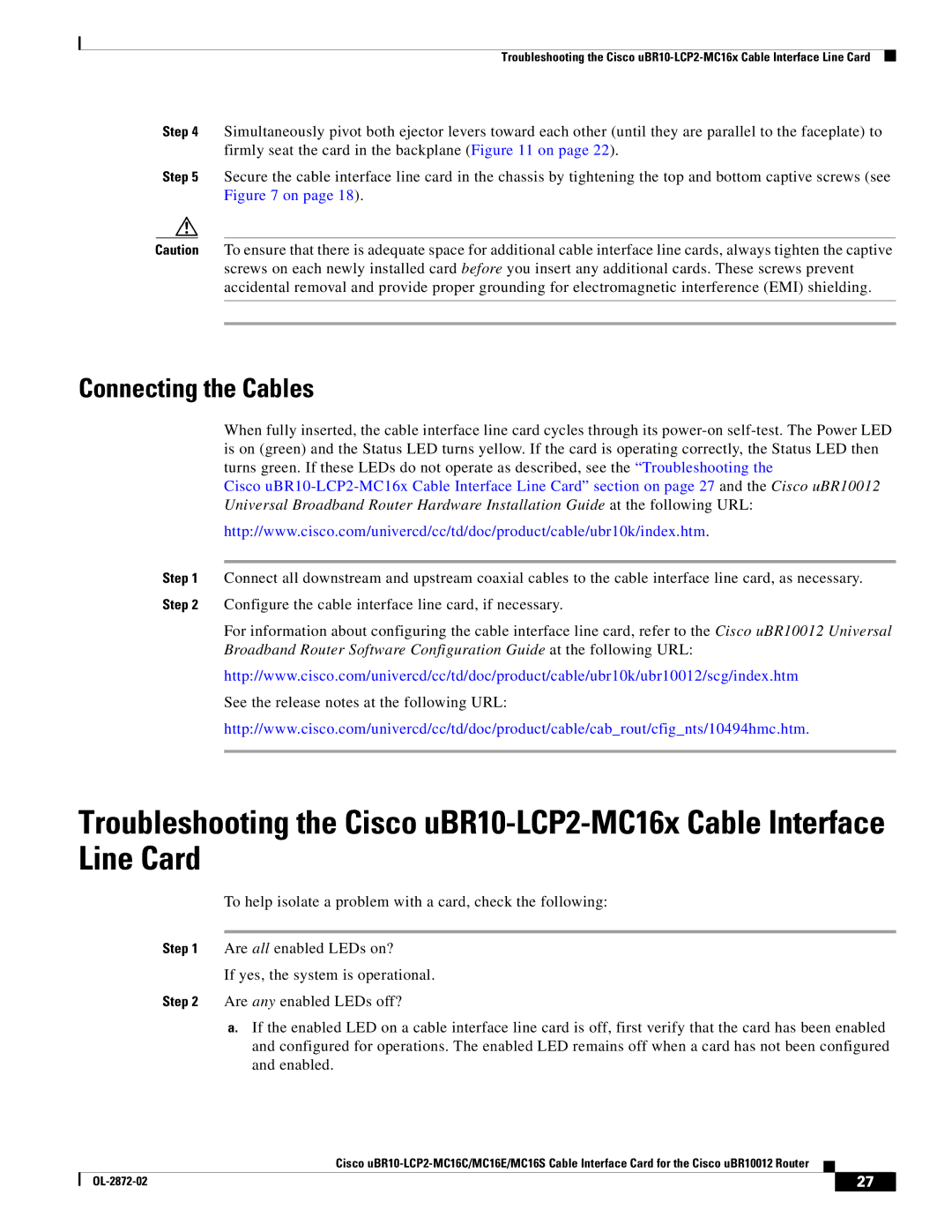 Cisco Systems uBR10-LCP2-MC16E, uBR10-LCP2-MC16S, uBR10-LCP2-MC16C technical specifications Connecting the Cables 