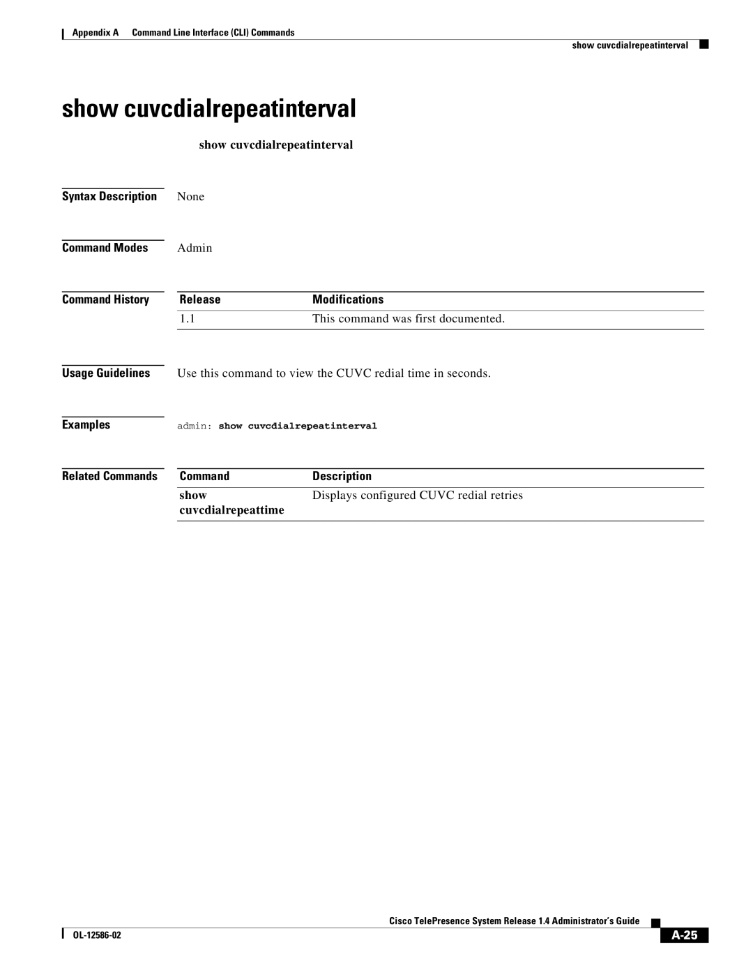 Cisco Systems MCS 7800 Series manual Show cuvcdialrepeatinterval, Admin show cuvcdialrepeatinterval 