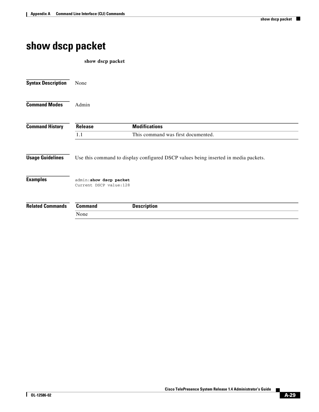 Cisco Systems MCS 7800 Series manual Show dscp packet, Adminshow dscp packet 