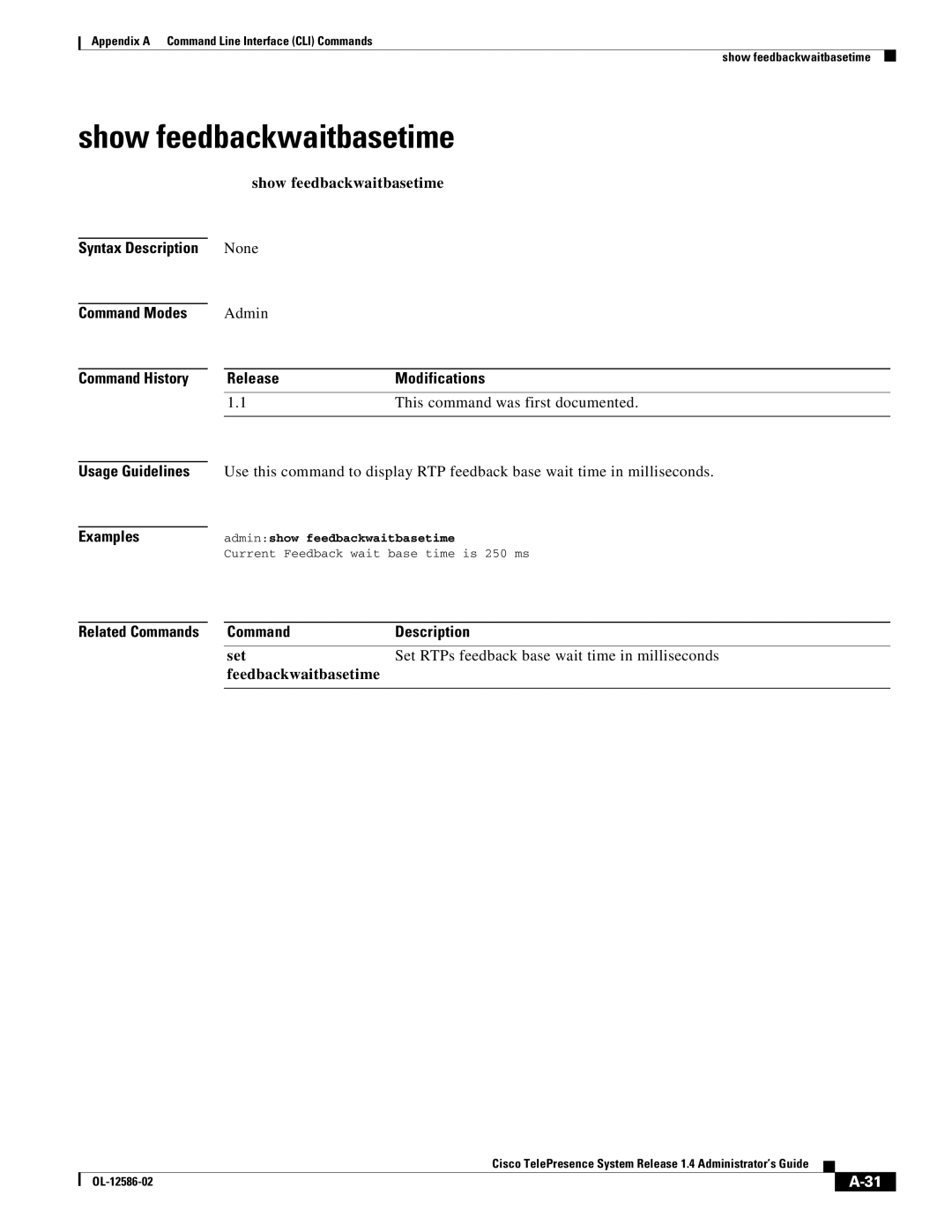 Cisco Systems MCS 7800 Series manual Show feedbackwaitbasetime, Adminshow feedbackwaitbasetime 