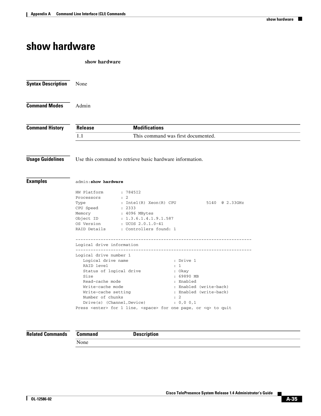 Cisco Systems MCS 7800 Series manual Show hardware 