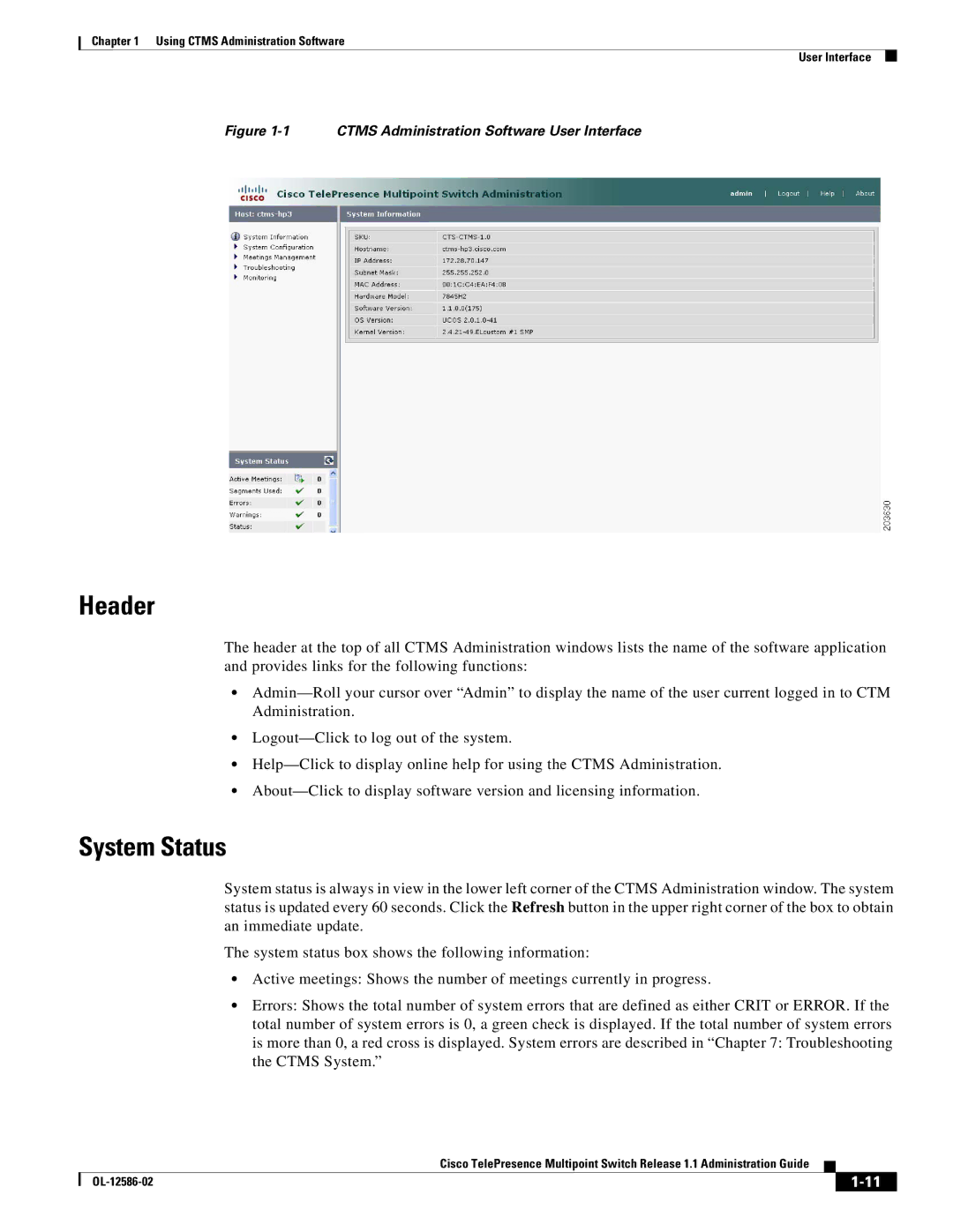 Cisco Systems MCS 7800 Series manual Header, System Status 