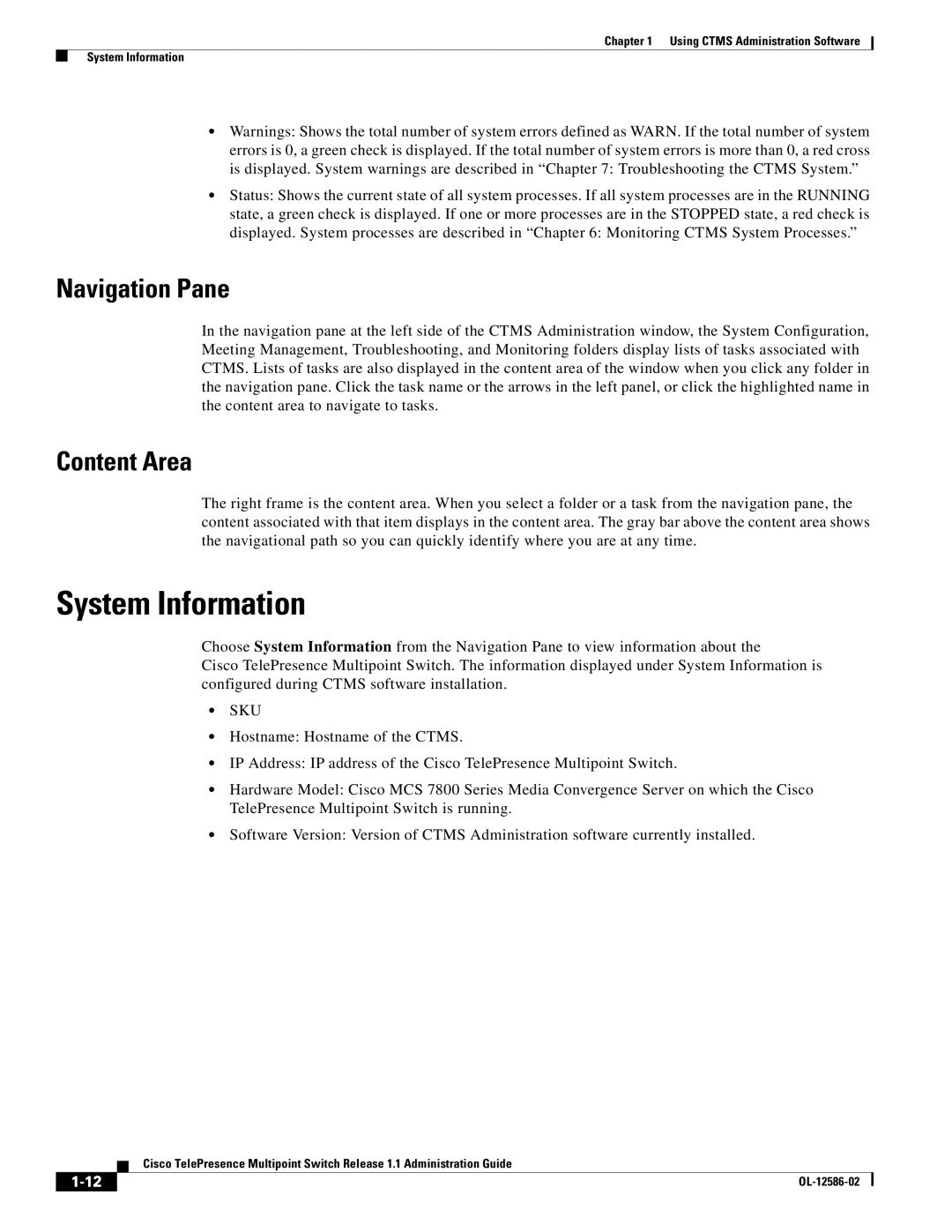 Cisco Systems MCS 7800 Series manual System Information, Navigation Pane, Content Area 