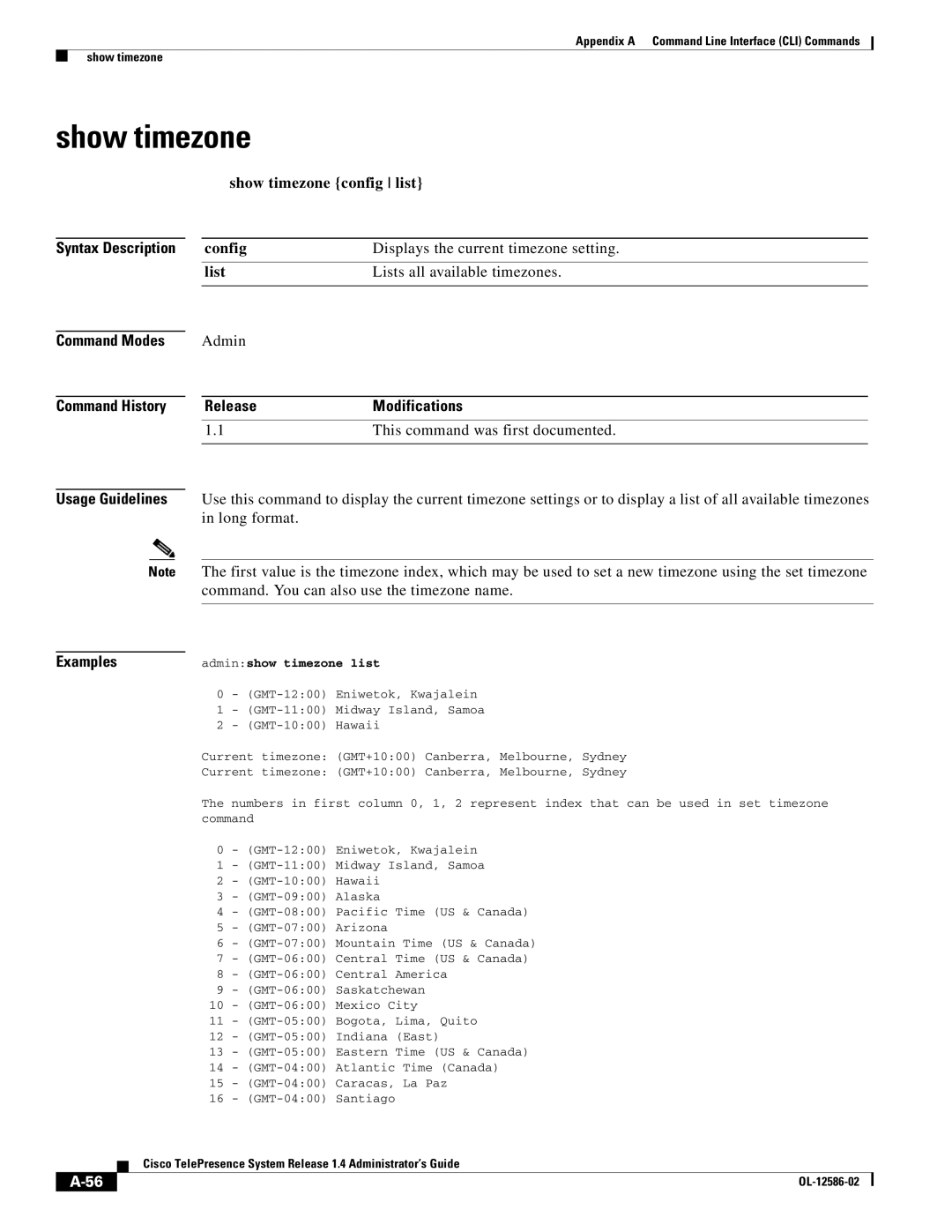 Cisco Systems MCS 7800 Series manual Show timezone config list 