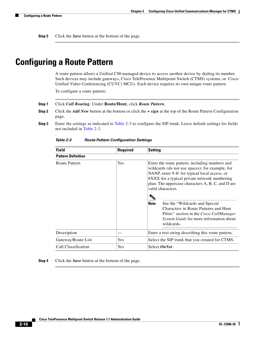 Cisco Systems MCS 7800 Series manual Configuring a Route Pattern, Field Required Setting Pattern Definition 