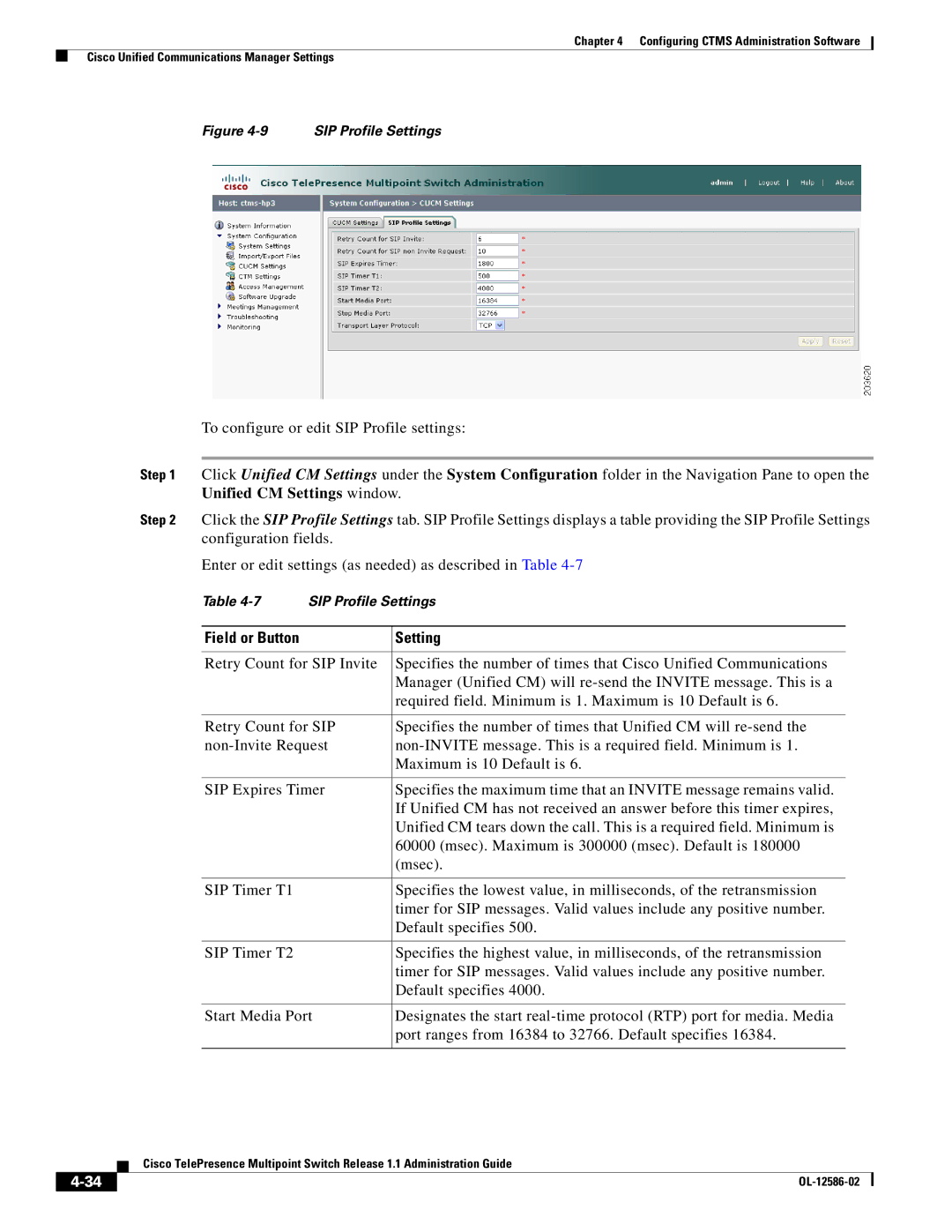 Cisco Systems MCS 7800 Series manual SIP Profile Settings 