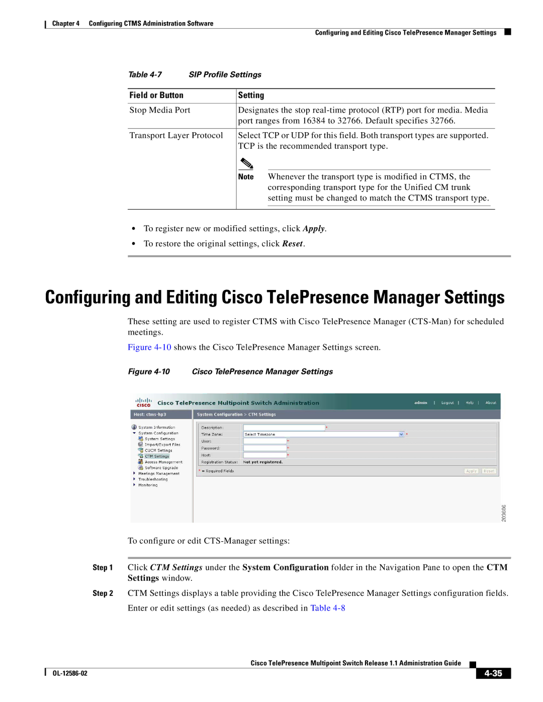 Cisco Systems MCS 7800 Series manual Configuring and Editing Cisco TelePresence Manager Settings 