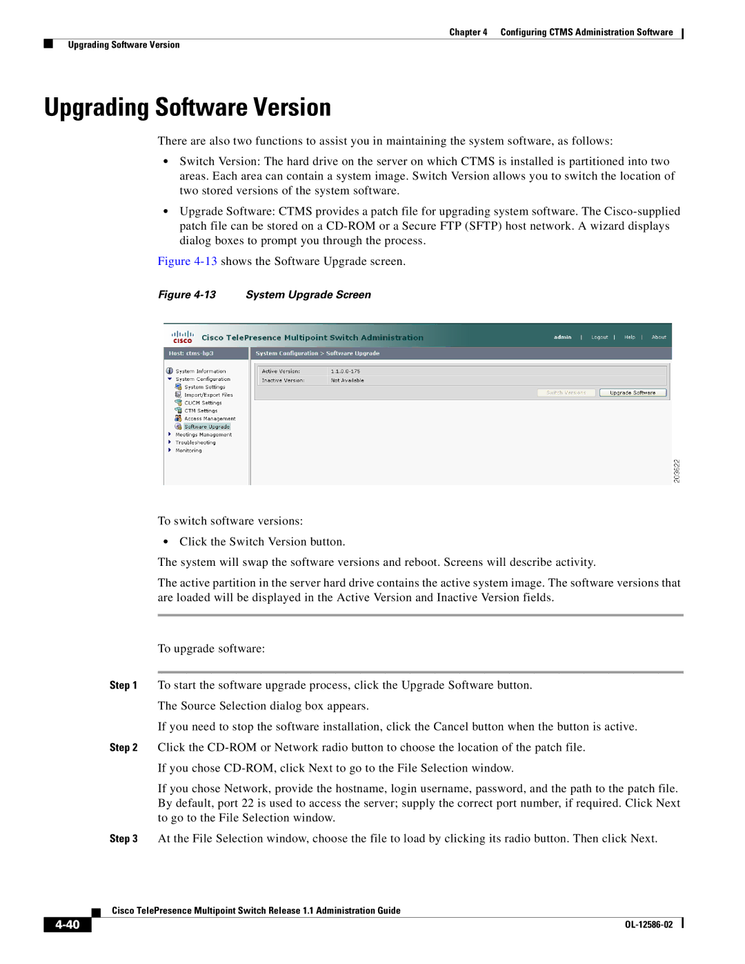 Cisco Systems MCS 7800 Series manual Upgrading Software Version, 13shows the Software Upgrade screen 