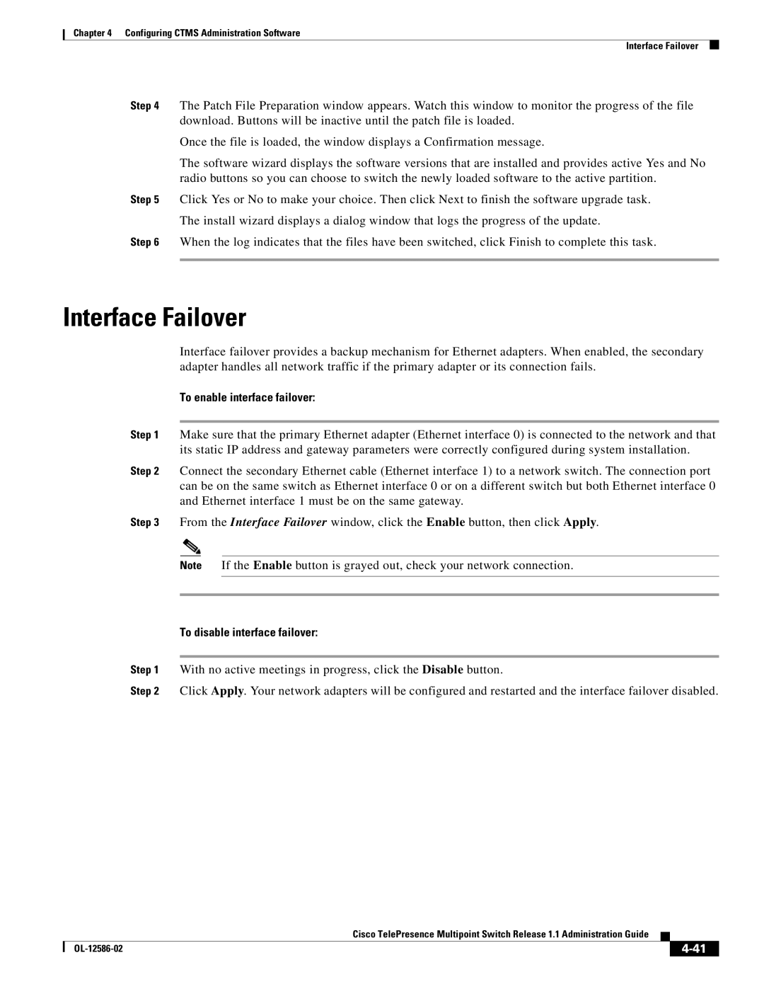 Cisco Systems MCS 7800 Series manual Interface Failover, To enable interface failover, To disable interface failover 