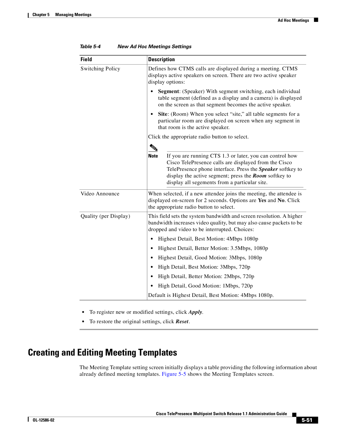 Cisco Systems MCS 7800 Series manual Creating and Editing Meeting Templates 