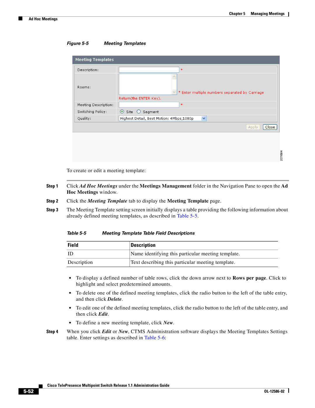 Cisco Systems MCS 7800 Series manual Hoc Meetings window, Meeting Templates 