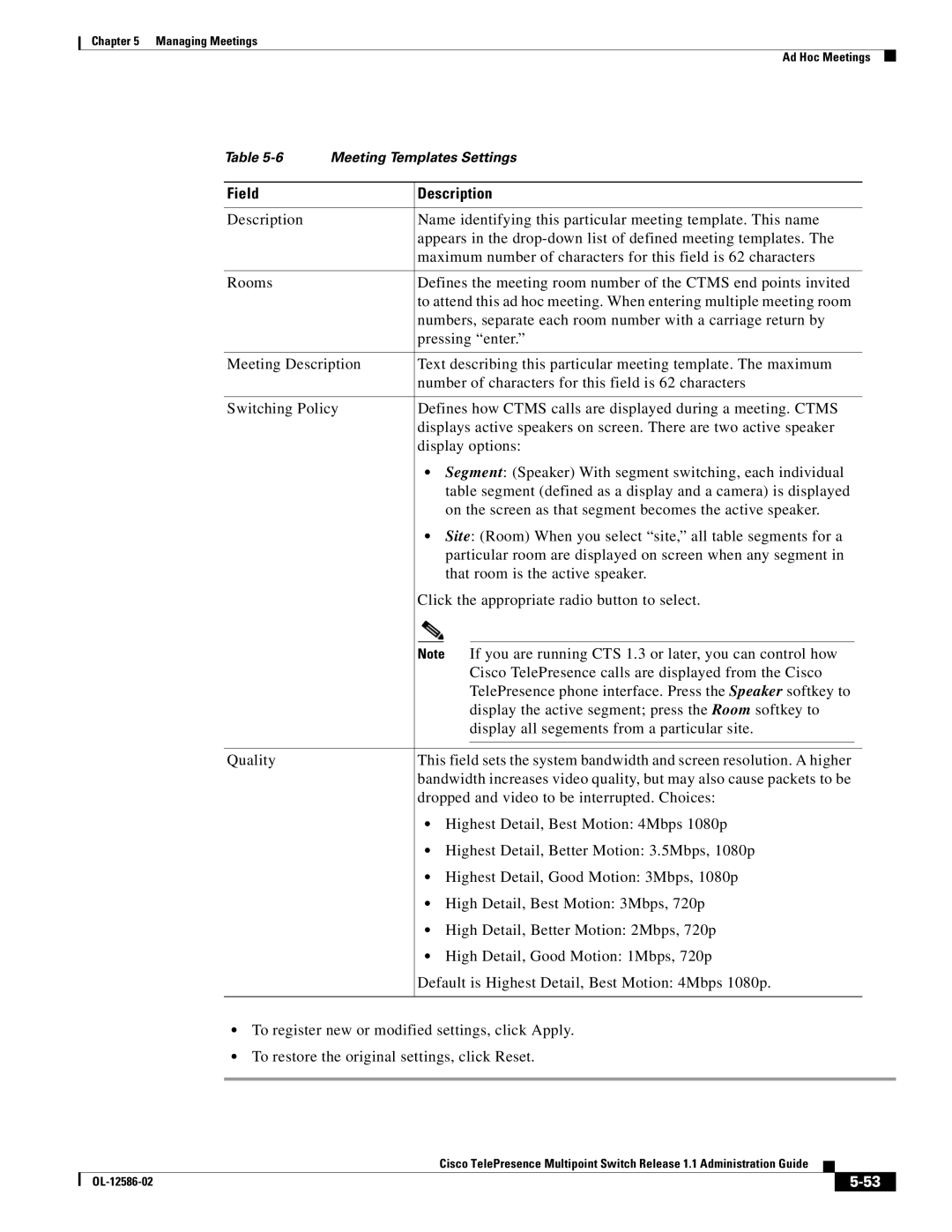 Cisco Systems MCS 7800 Series manual Meeting Templates Settings 