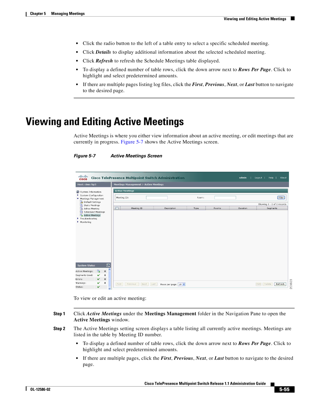 Cisco Systems MCS 7800 Series manual Viewing and Editing Active Meetings, Active Meetings Screen 