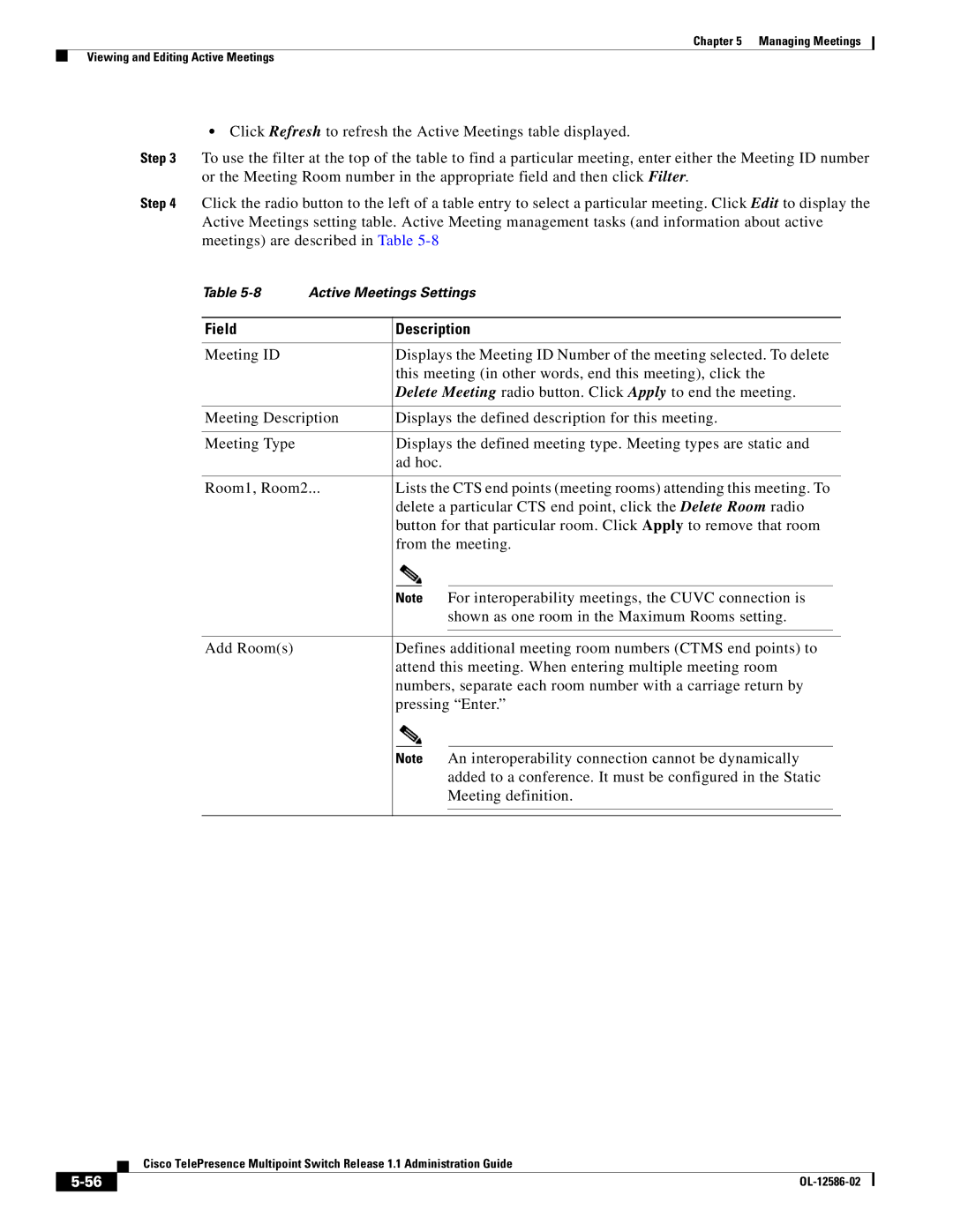 Cisco Systems MCS 7800 Series manual Active Meetings Settings 