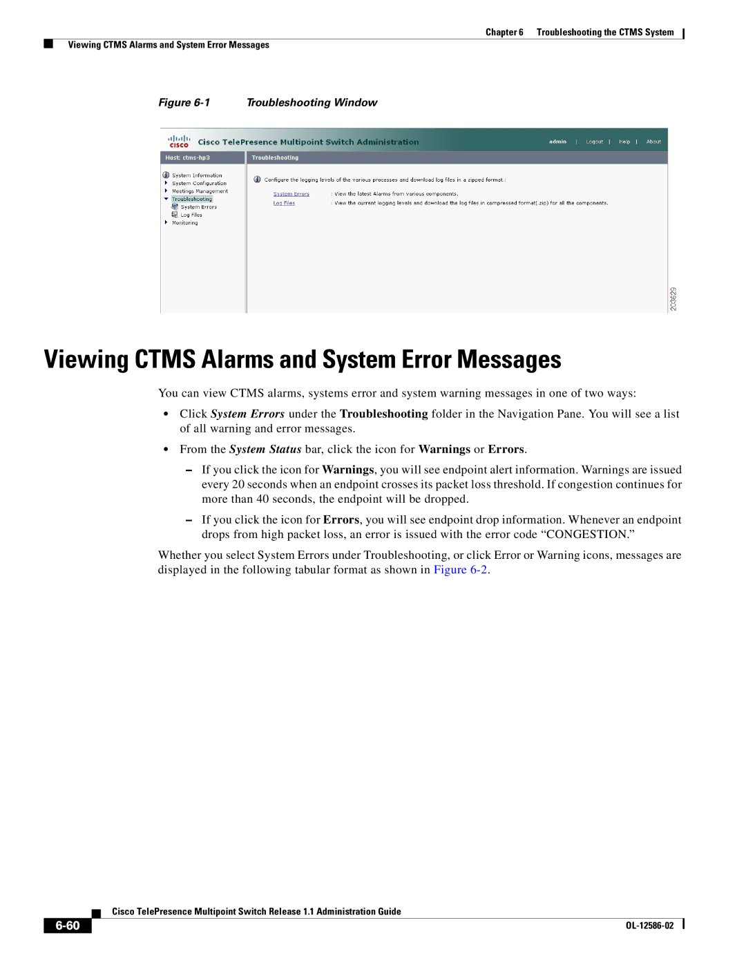 Cisco Systems MCS 7800 Series manual Viewing Ctms Alarms and System Error Messages, Troubleshooting Window 