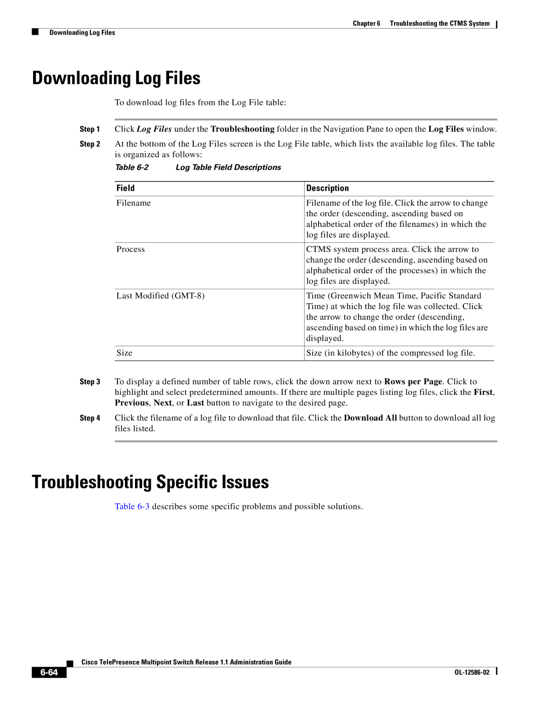 Cisco Systems MCS 7800 Series manual Downloading Log Files, Troubleshooting Specific Issues 