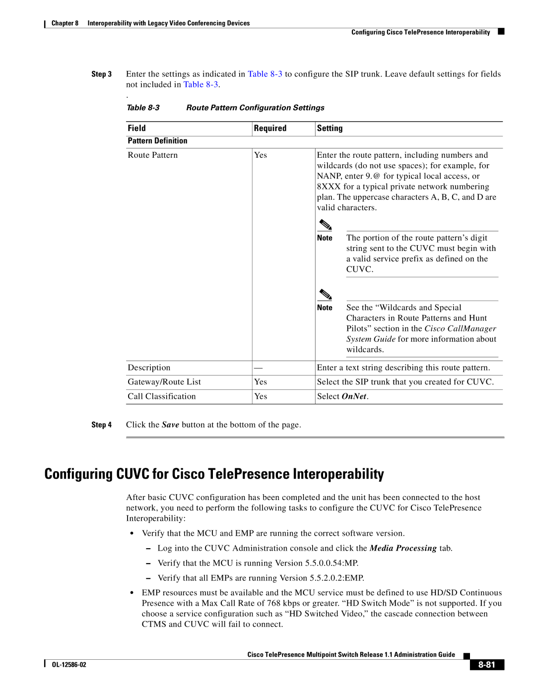 Cisco Systems MCS 7800 Series manual Configuring Cuvc for Cisco TelePresence Interoperability, Field Required 