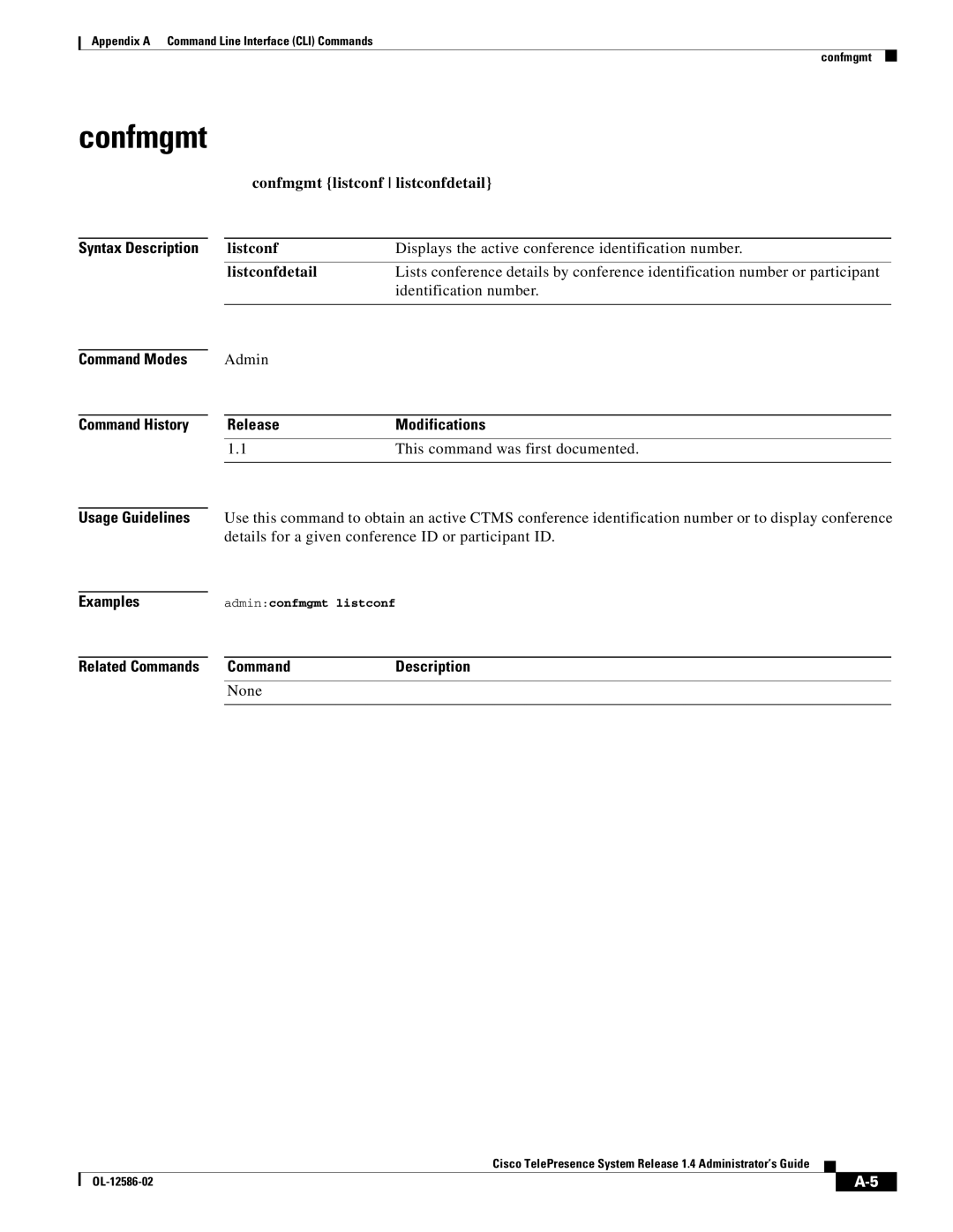 Cisco Systems MCS 7800 Series manual Confmgmt, Syntax Description Command Modes, Command History Release Modifications 