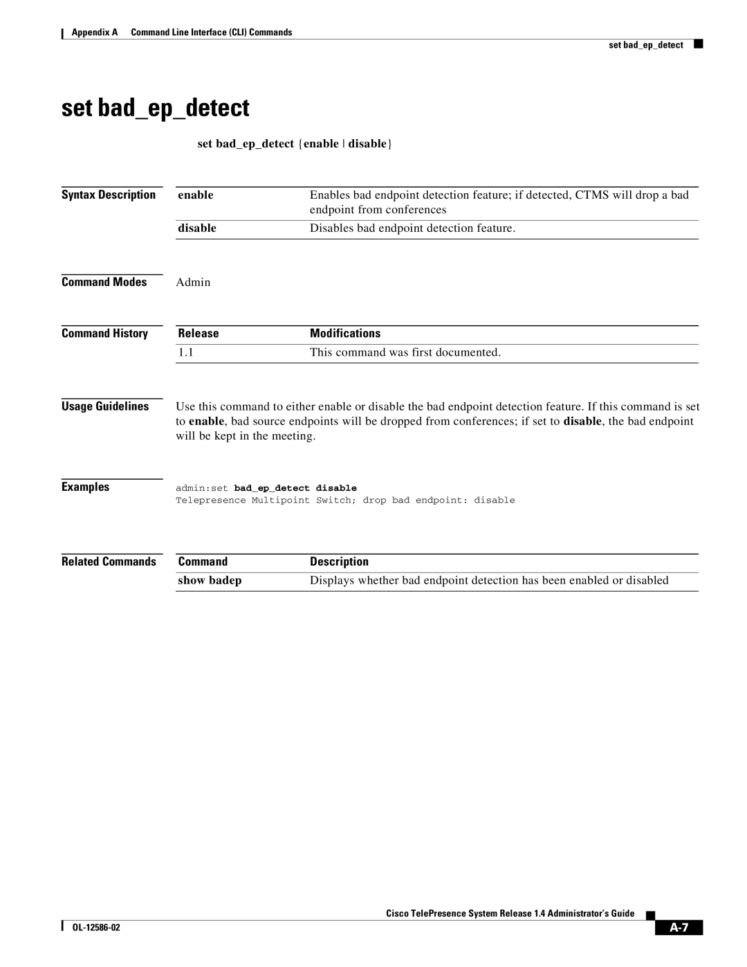 Cisco Systems MCS 7800 Series manual Set badepdetect enable disable Enable, Disable, Adminset badepdetect disable 