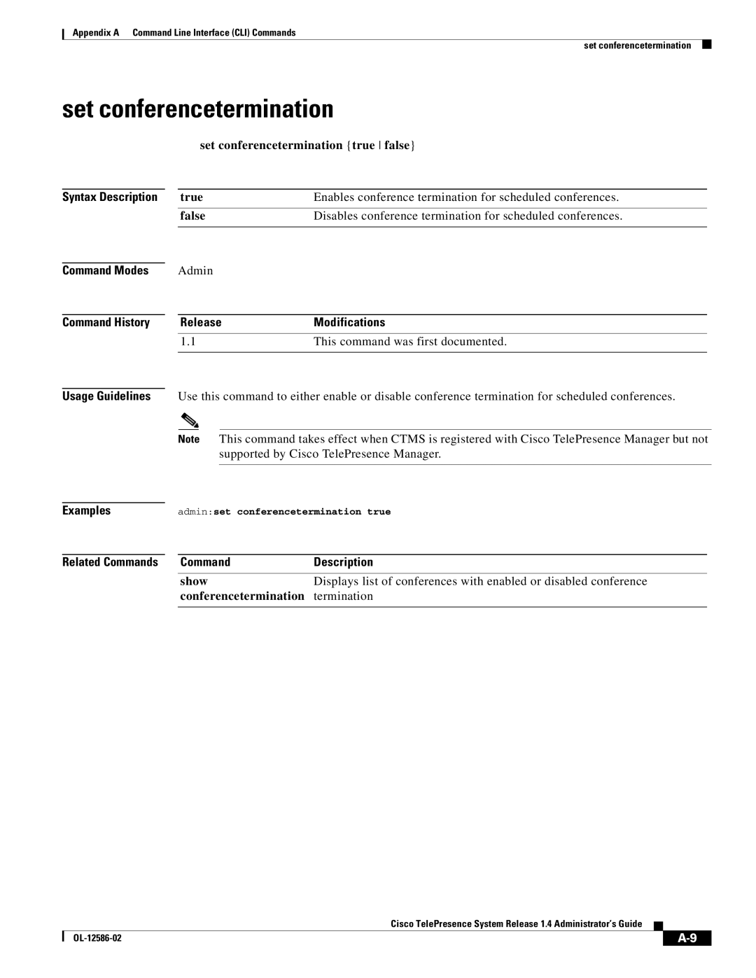 Cisco Systems MCS 7800 Series Set conferencetermination true false, Command Description, Show, Conferencetermination 