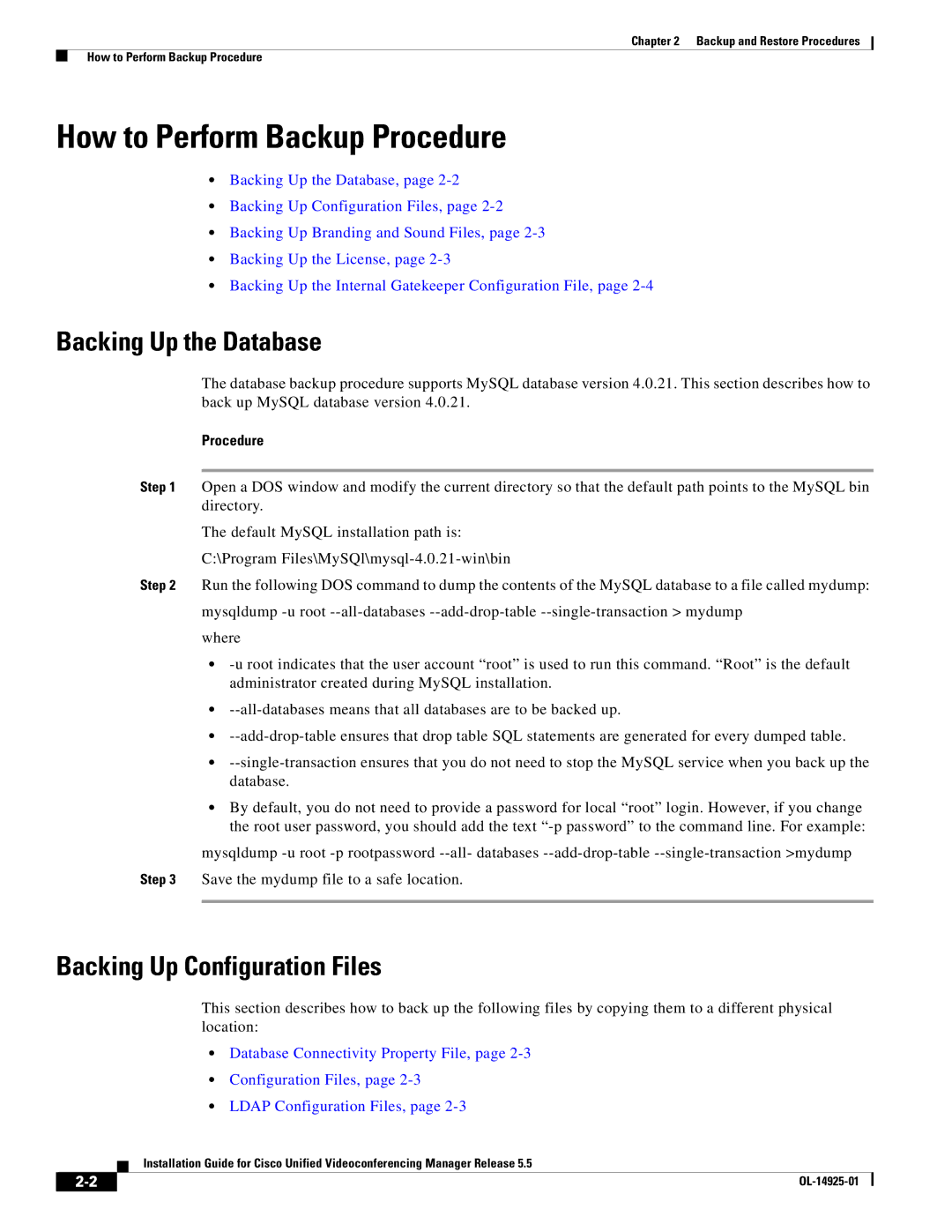 Cisco Systems MCS 7845 Series How to Perform Backup Procedure, Backing Up the Database, Backing Up Configuration Files 