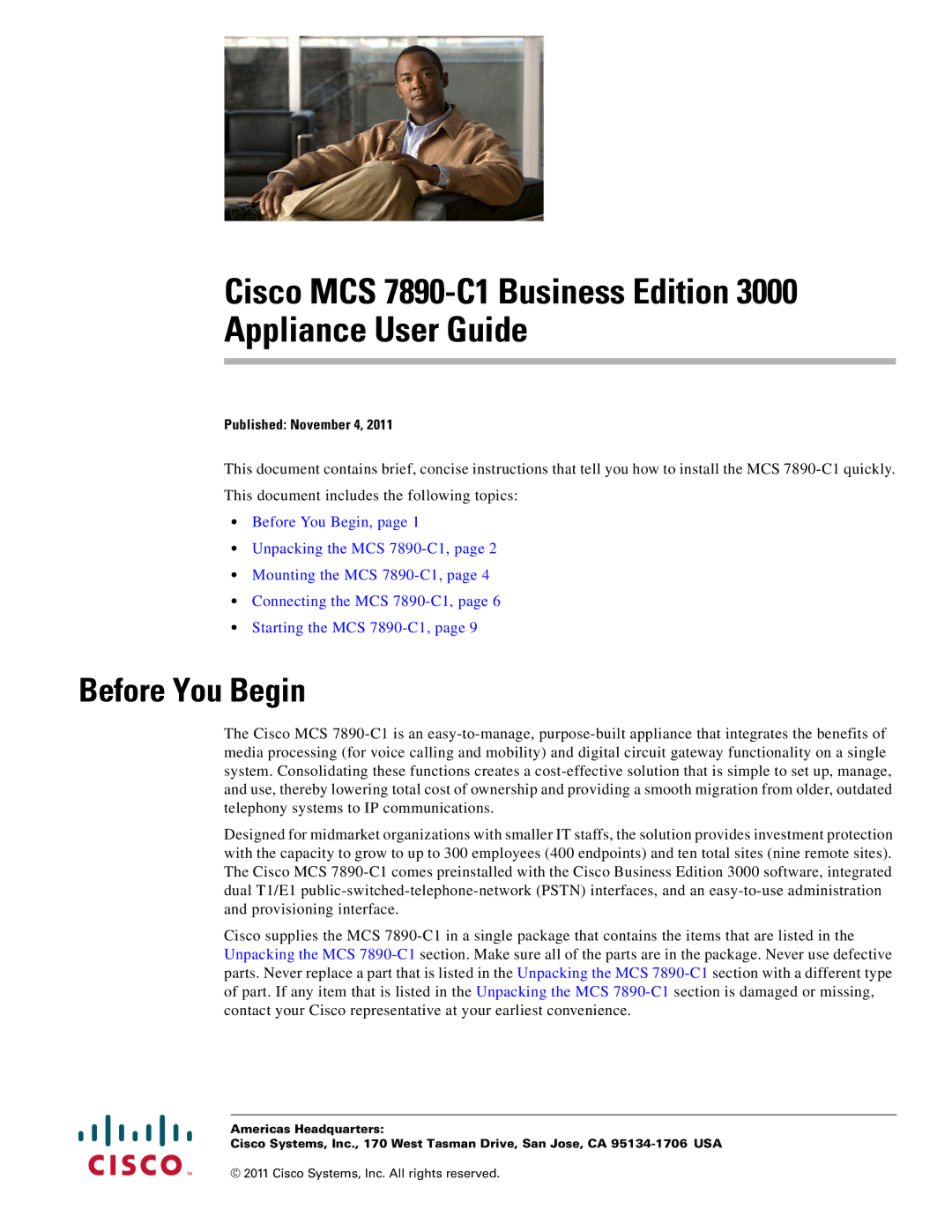 Cisco Systems MCS7890C1BE8K9 manual Cisco MCS 7890-C1 Business Edition Appliance User Guide, Before You Begin 