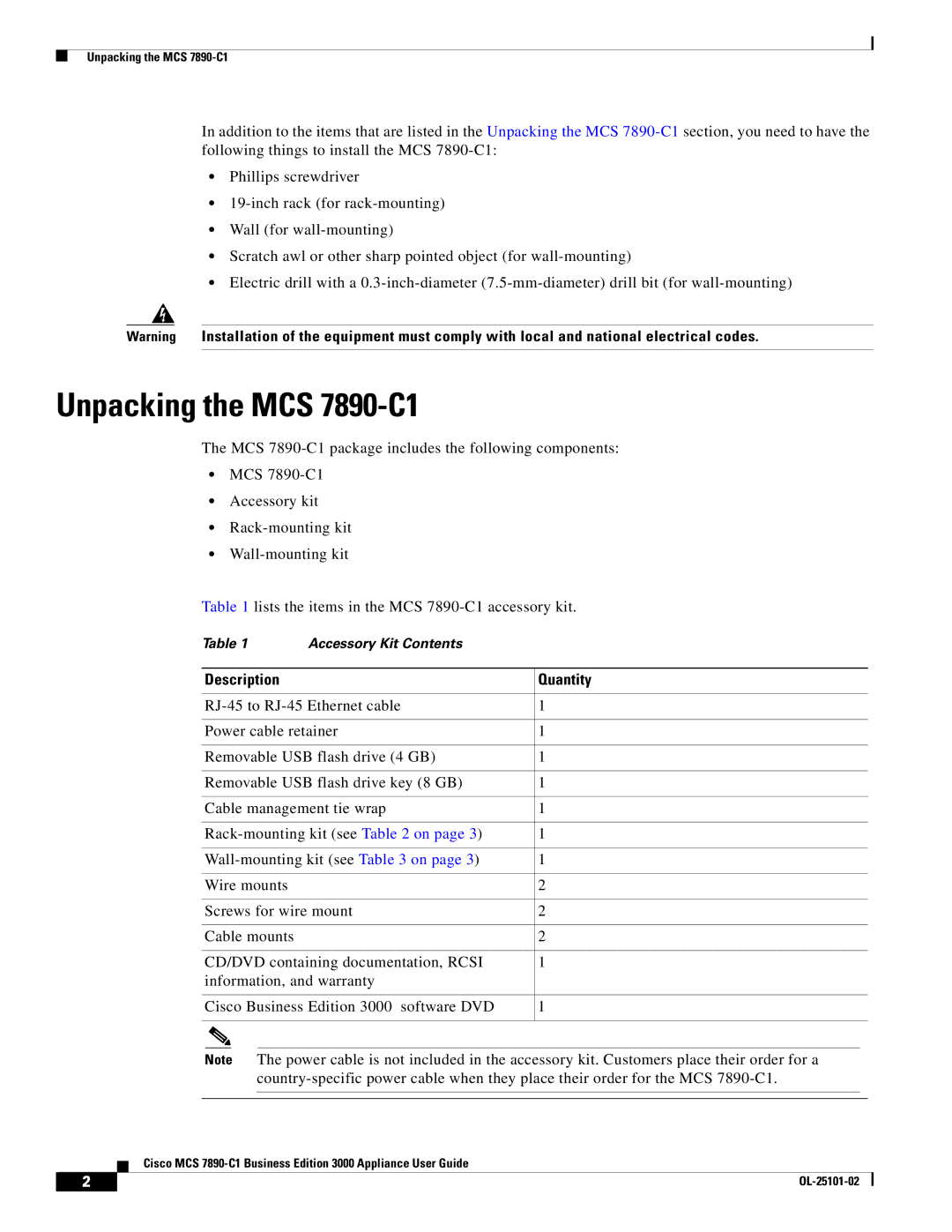 Cisco Systems MCS7890C1BE8K9 manual Unpacking the MCS 7890-C1, Description Quantity 