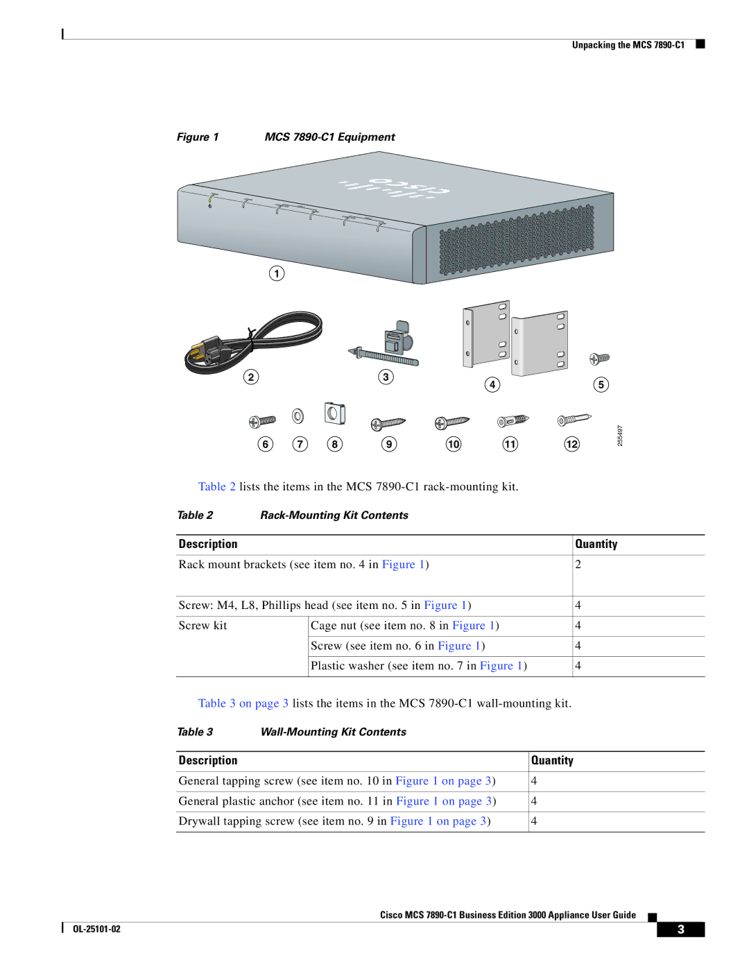 Cisco Systems MCS7890C1BE8K9 manual Lists the items in the MCS 7890-C1 rack-mounting kit 