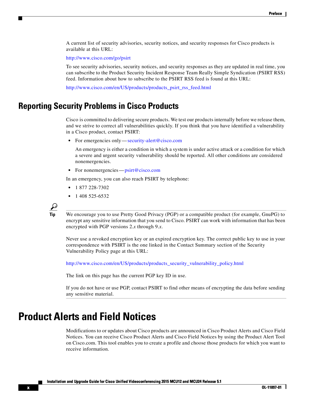Cisco Systems MCU24 manual Product Alerts and Field Notices, Reporting Security Problems in Cisco Products 