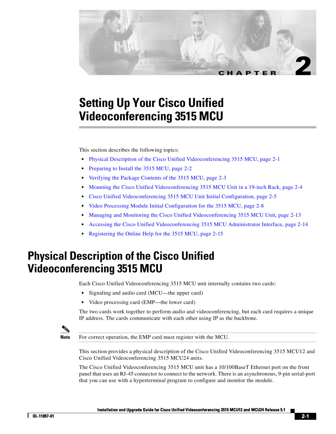 Cisco Systems MCU24 manual Setting Up Your Cisco Unified Videoconferencing 3515 MCU, C H A P T E R 