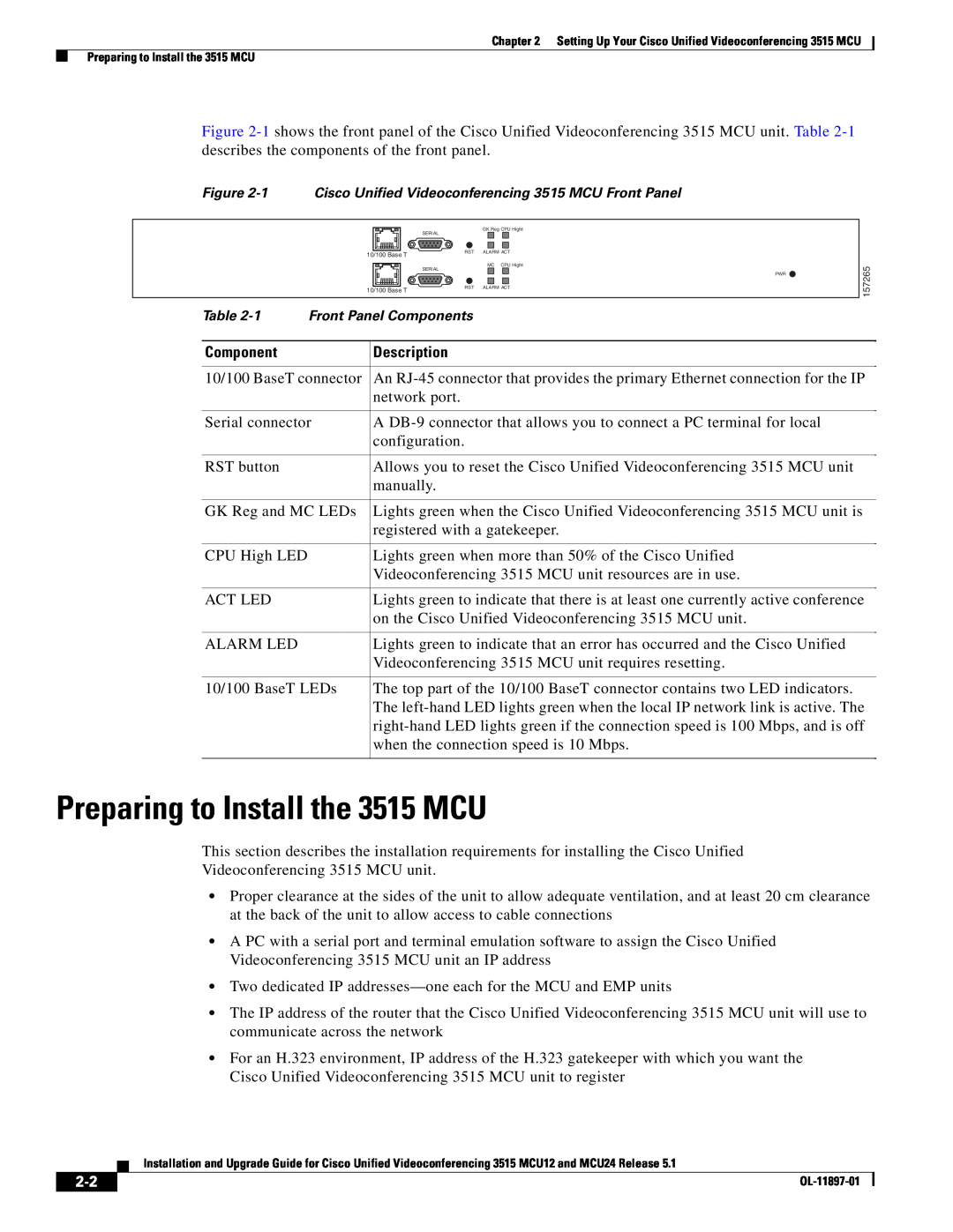 Cisco Systems MCU24 manual Preparing to Install the 3515 MCU 