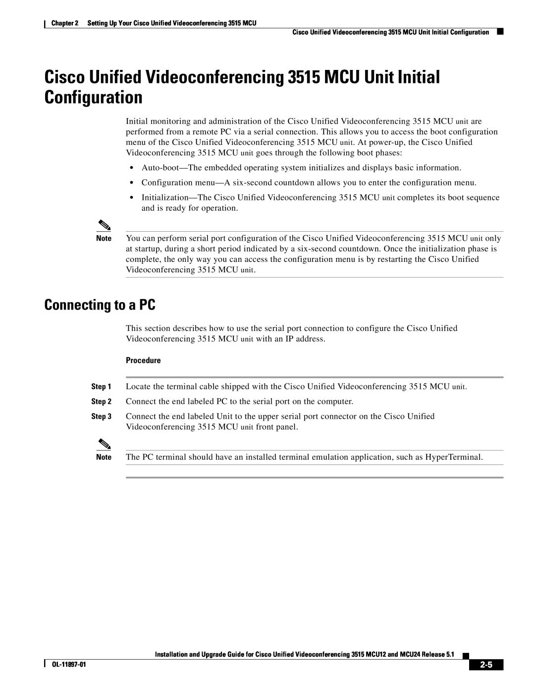 Cisco Systems MCU24 manual Cisco Unified Videoconferencing 3515 MCU Unit Initial Configuration, Connecting to a PC 