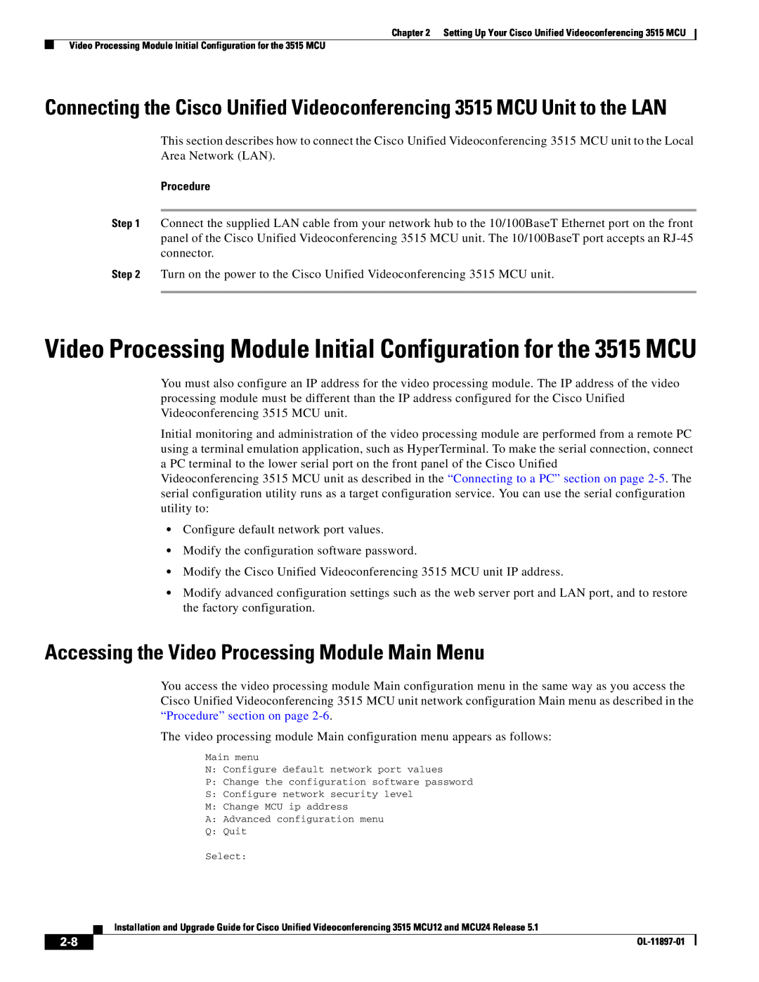 Cisco Systems MCU24 manual Video Processing Module Initial Configuration for the 3515 MCU 