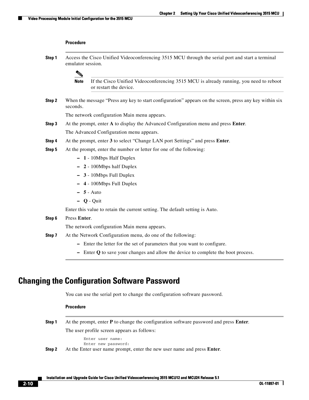Cisco Systems MCU24 manual Changing the Configuration Software Password, 2-10, Press Enter 