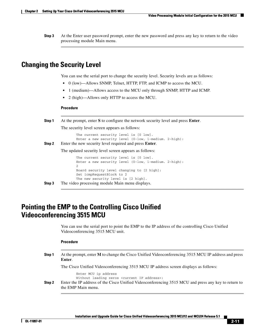 Cisco Systems MCU24 manual Changing the Security Level, Pointing the EMP to the Controlling Cisco Unified, 2-11 