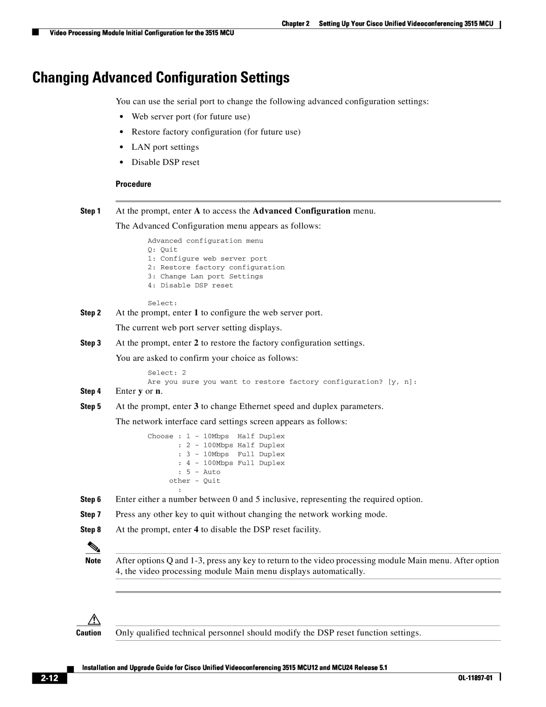 Cisco Systems MCU24 manual Changing Advanced Configuration Settings, 2-12 