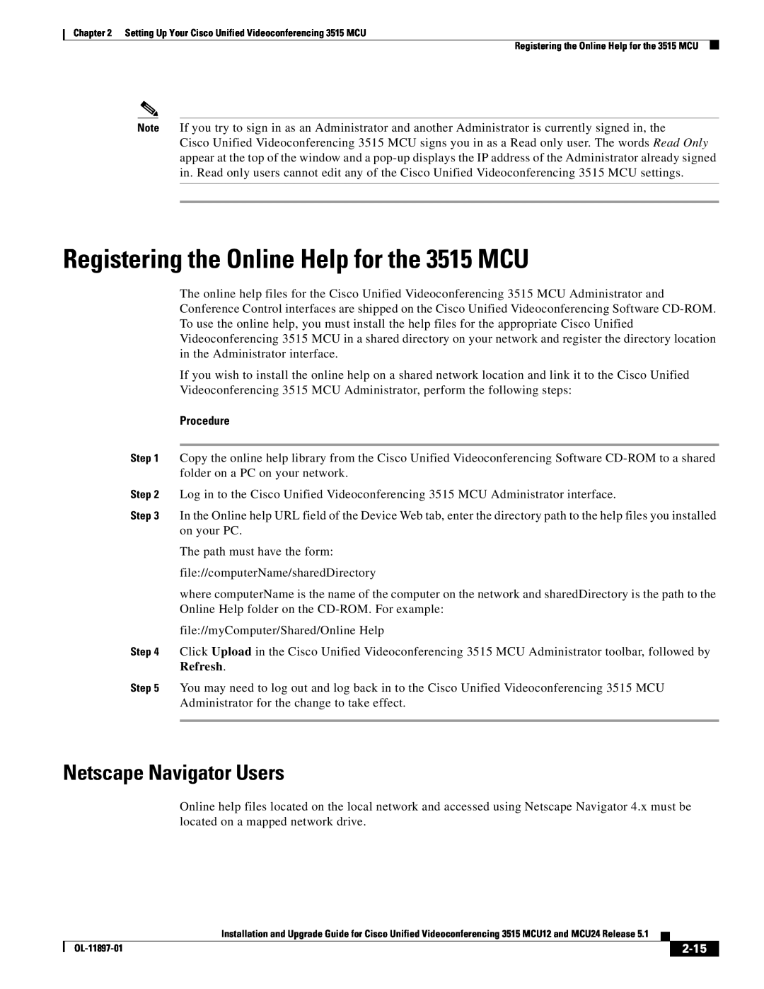 Cisco Systems MCU24 manual Registering the Online Help for the 3515 MCU, Netscape Navigator Users, 2-15 