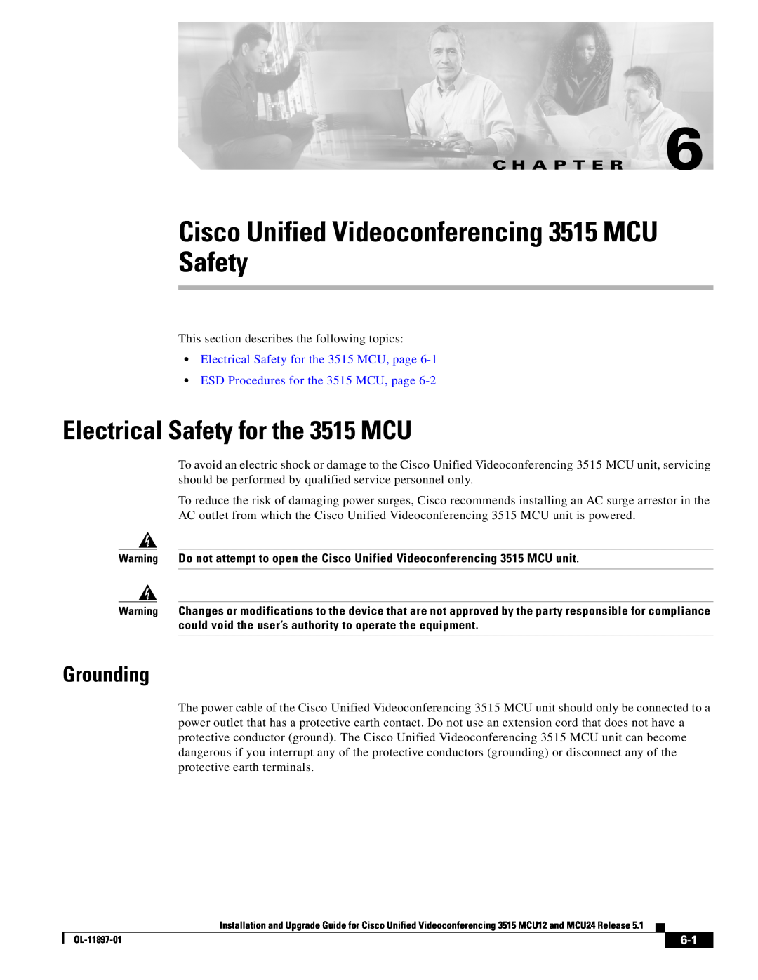 Cisco Systems MCU24 manual Cisco Unified Videoconferencing 3515 MCU Safety, Electrical Safety for the 3515 MCU, Grounding 