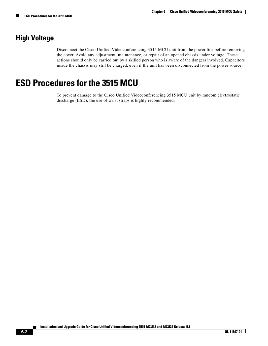 Cisco Systems MCU24 manual ESD Procedures for the 3515 MCU, High Voltage 