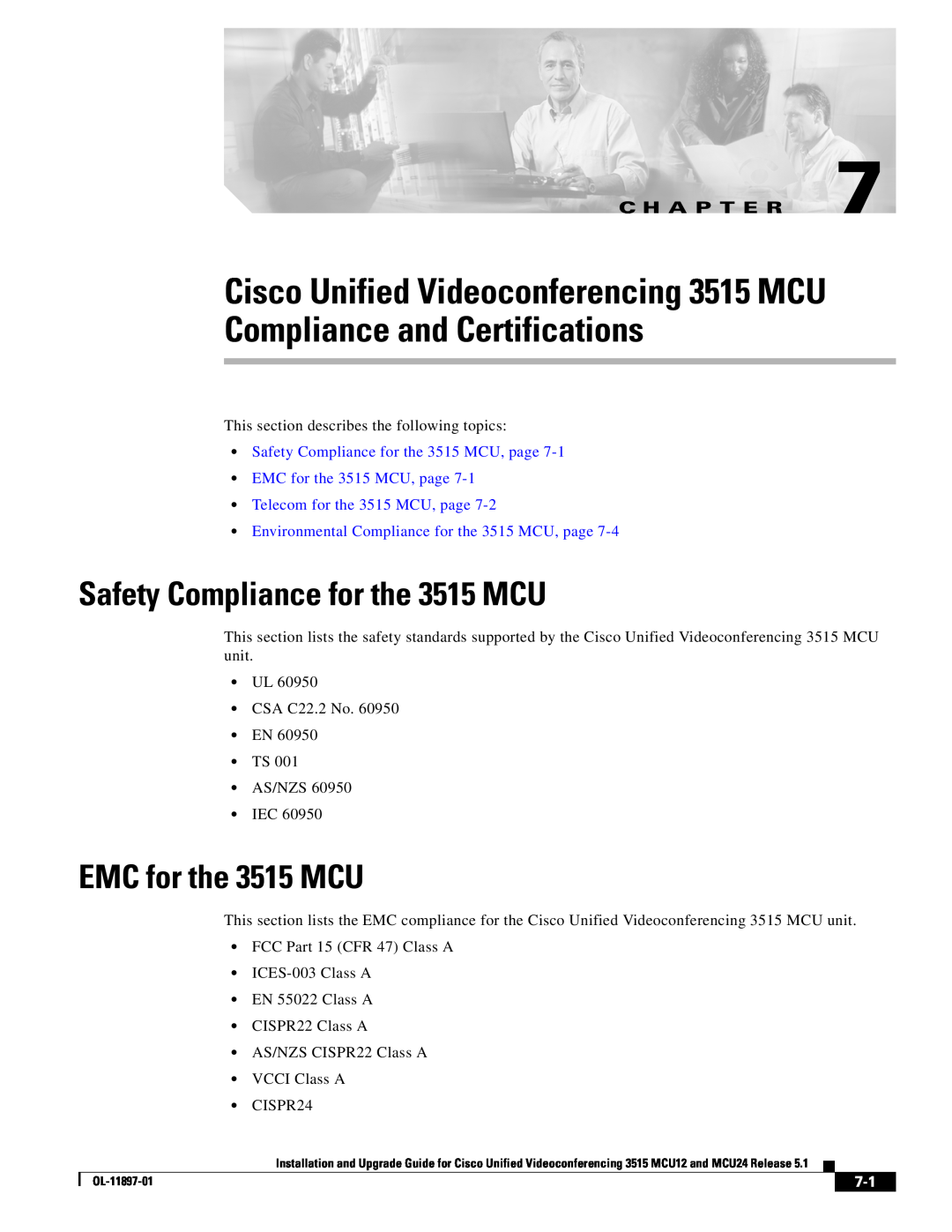 Cisco Systems MCU24 Compliance and Certifications, Safety Compliance for the 3515 MCU, EMC for the 3515 MCU, C H A P T E R 