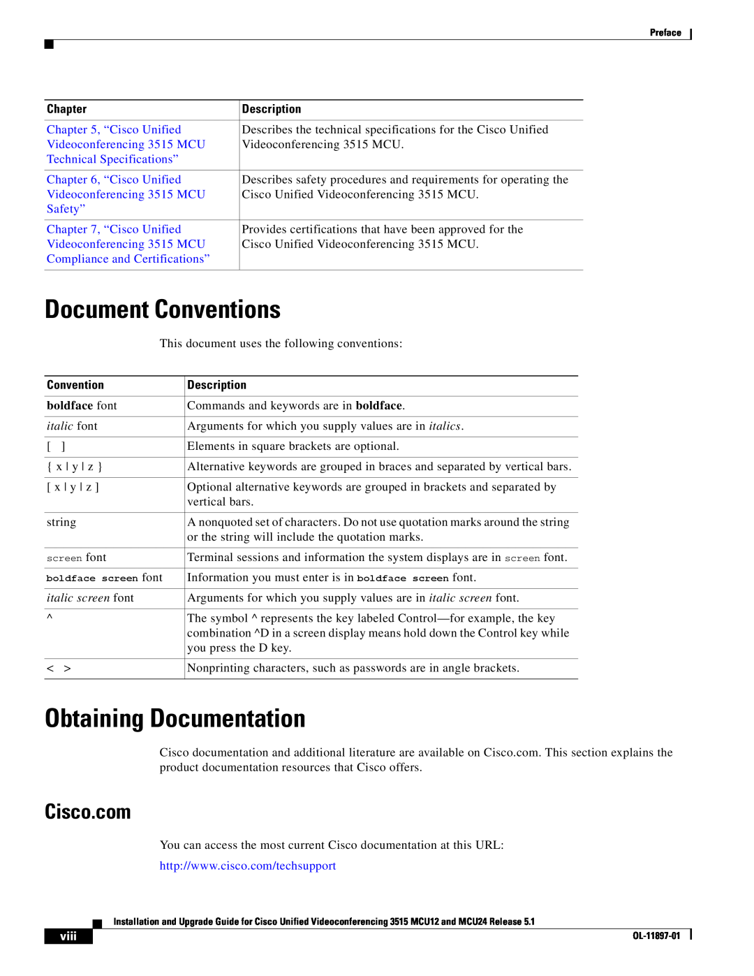 Cisco Systems MCU24 Document Conventions, Obtaining Documentation, Cisco.com, Chapter, Description, boldface font, viii 