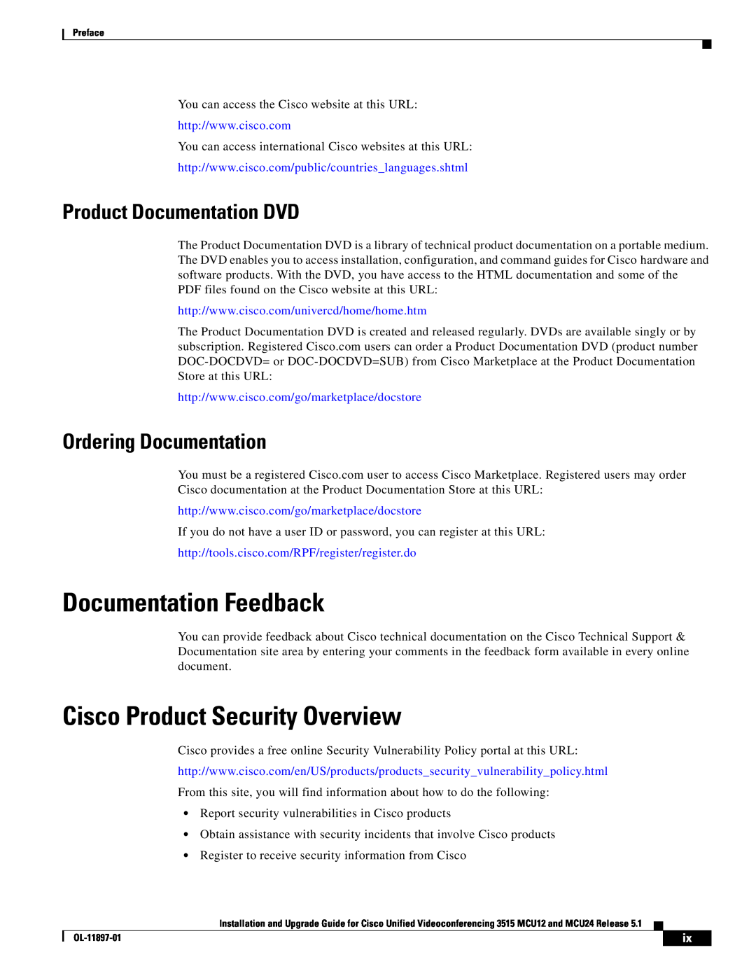 Cisco Systems MCU24 manual Documentation Feedback, Cisco Product Security Overview, Product Documentation DVD 