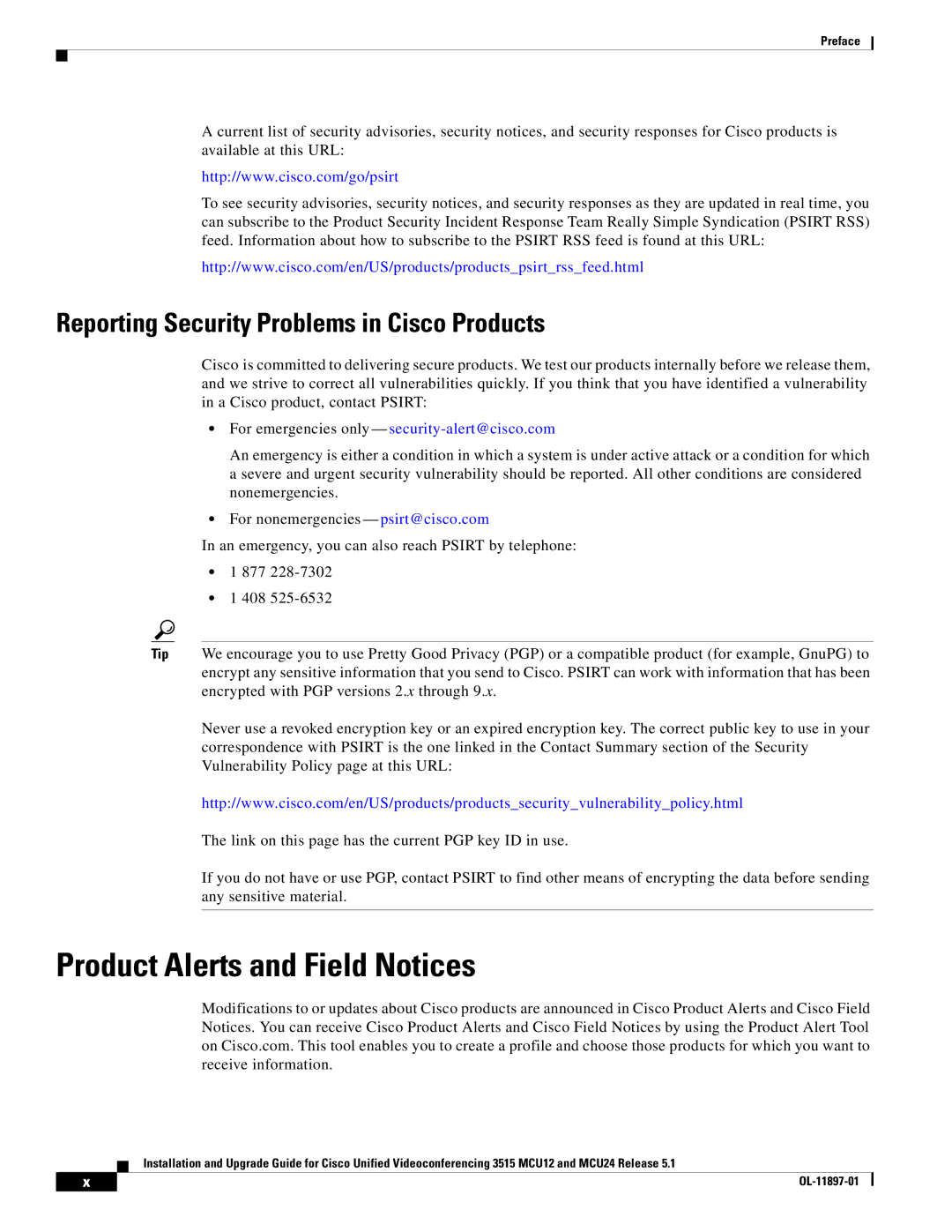 Cisco Systems MCU24 manual Product Alerts and Field Notices, Reporting Security Problems in Cisco Products 