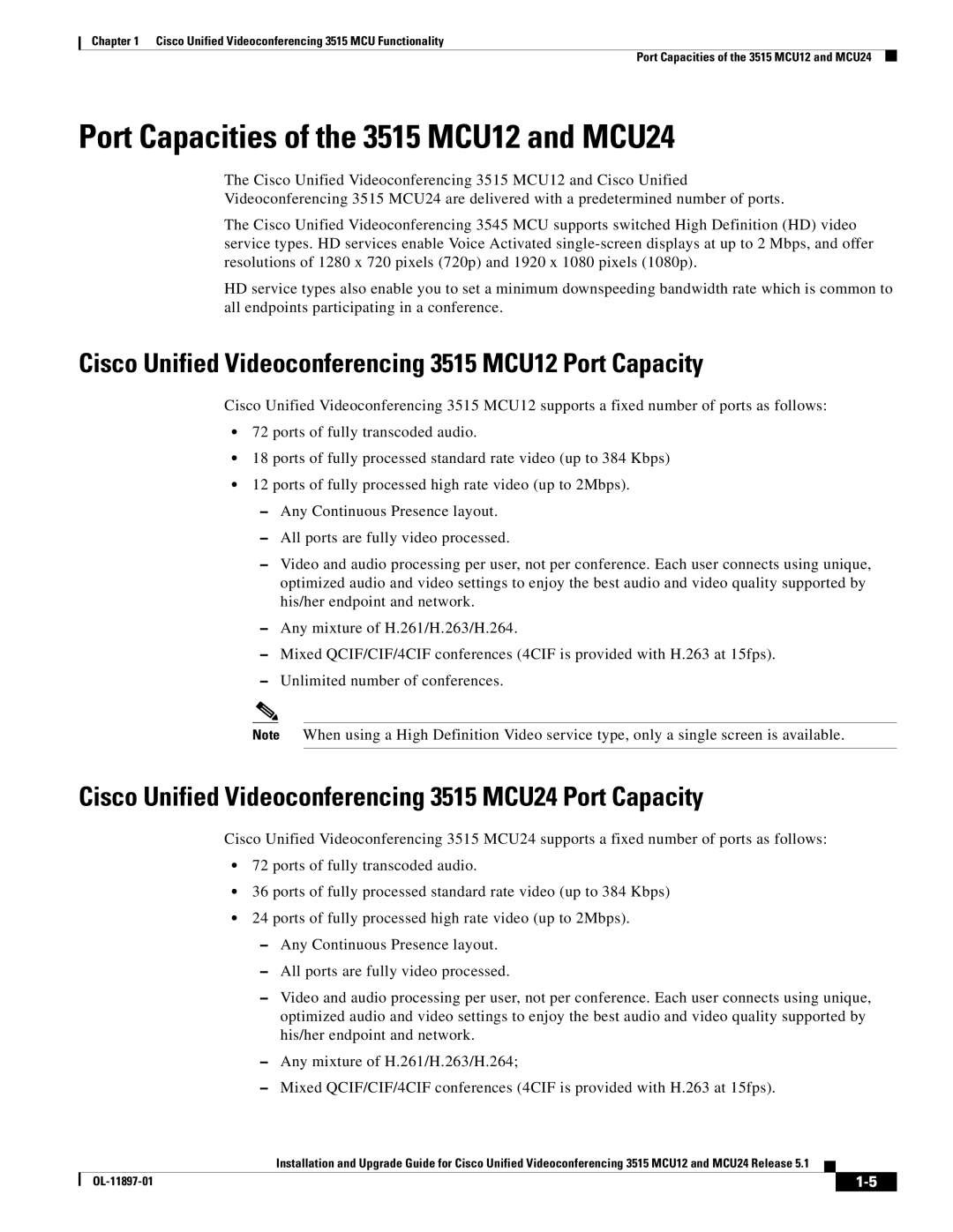 Cisco Systems Port Capacities of the 3515 MCU12 and MCU24, Cisco Unified Videoconferencing 3515 MCU12 Port Capacity 