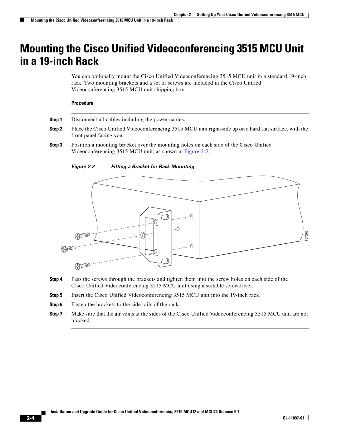 Cisco Systems MCU24 manual Procedure, Fitting a Bracket for Rack Mounting 