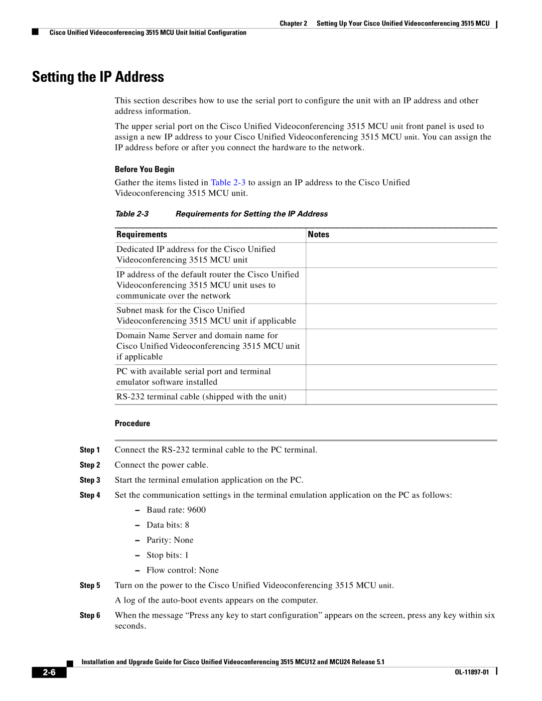 Cisco Systems MCU24 manual Setting the IP Address, Before You Begin, Requirements 